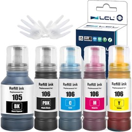 LCL 105 106 High Capacity Ink Bottle Replacement for Epson EcoTank 105 106 Ink Refill Bottle Multipack Compatible with Epson EcoTank L7160 L7180 ET-7700 ET-7750 Printers (5 Pack)