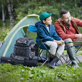 Piscifun Fishing Tackle Backpack with Rod Holders & 4 Tackle Boxes, Waterproof Rain Cover, Bottle Holder, Water-resistant Fishing Bag Store Fishing Gear & Equipment, Black Camouflage