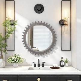 TREATLIFE HOME Vintage Gear Shape Decorative Mirror for Bathroom and Living Room, Stylish Wooden Frame, Dark Brown Finish