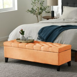Ball & Cast 50.75" Storage Ottoman Bench, Upholstered Entryway Bench with Safety Hinges and Wooden Legs, Button Tufted Bedroom Bench for End of Bed, Living Room, Orange
