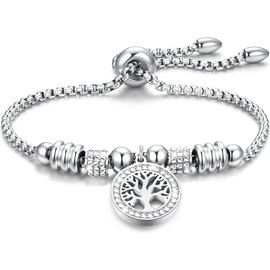 Pptabold Árbol de La Vida Pulseras para Mujer con Zirconia Cúbica, Pulseras Mujer Acero Inoxidable Ajustable, Regalos para Mujer Cumpleaños Originales, Pulsera Joyeria Oro Rosa Brazalete con Dijes para Mama Novia Amiga (plata)