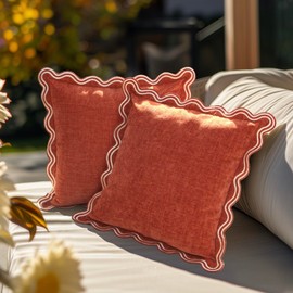TINYSUN Rust Decorative Scalloped Throw Pillow Covers Set of 2, Embroidered Scallop Wavy Design, Premium Chenille Cushion Fall Pillow Covers for Living Room Sofa Couch Bed(Crimson Rust, 18x18 Inches)