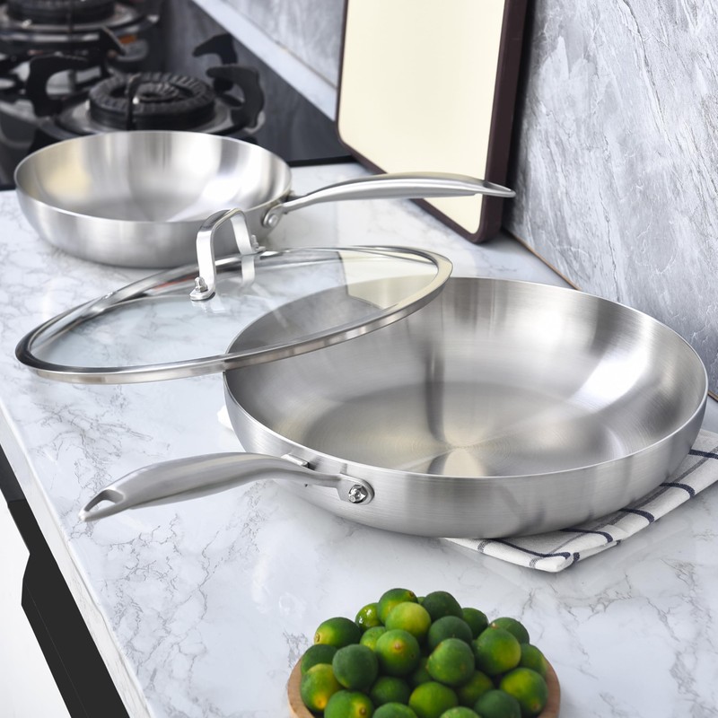 LOLYKITCH 12 Inch Tri-Ply Stainless Steel Frying Pan with Lid,Skillet,Induction
