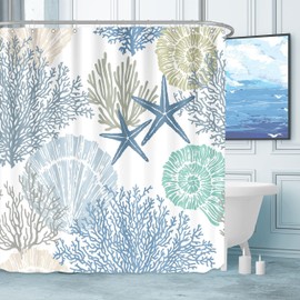 Tritard Extra Long Nautical Coastal Shower Curtain Starfish Seashell Coral Beach Themed Bath Curtain Waterproof Fabric Ocean Shower Curtains for Bathroom with 12 Hooks, 72x84, Blue