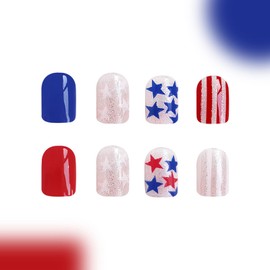 Short Square Press on Nails Stars Fake Nails Independence Day False Nails with Red White Stripes Design Full Cover Glitter False Nails 4th of July Glue on Nails for Women Girls 24Pcs