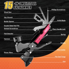 14 in 1 Multitool Hatchet Axe, Gifts for Men, Multitool Gifts for Camping Hiking Survival,Stocking Stuffers for Men, Camping Accessories Survival Gear, Christmas Gifts for Men, Dad, Husband, Red