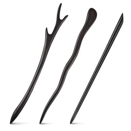 3 Pcs Wooden Hair Sticks Natural Ebony Black Sandalwood Hair Pins Wood Chopsticks 7.1" Handmade Carved Hairpins for Buns Chinese Chignon Japanese Hanfu Updo Making Accessories Women Girls, 3 Styles