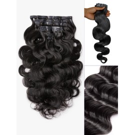 LUVME Clip in Hair Extensions Real Human Hair, Natural Black 135g 9pcs 18 Inch, Human Hair Clip in Extensions for Women Clip ons Thick Body Wavy Extensions