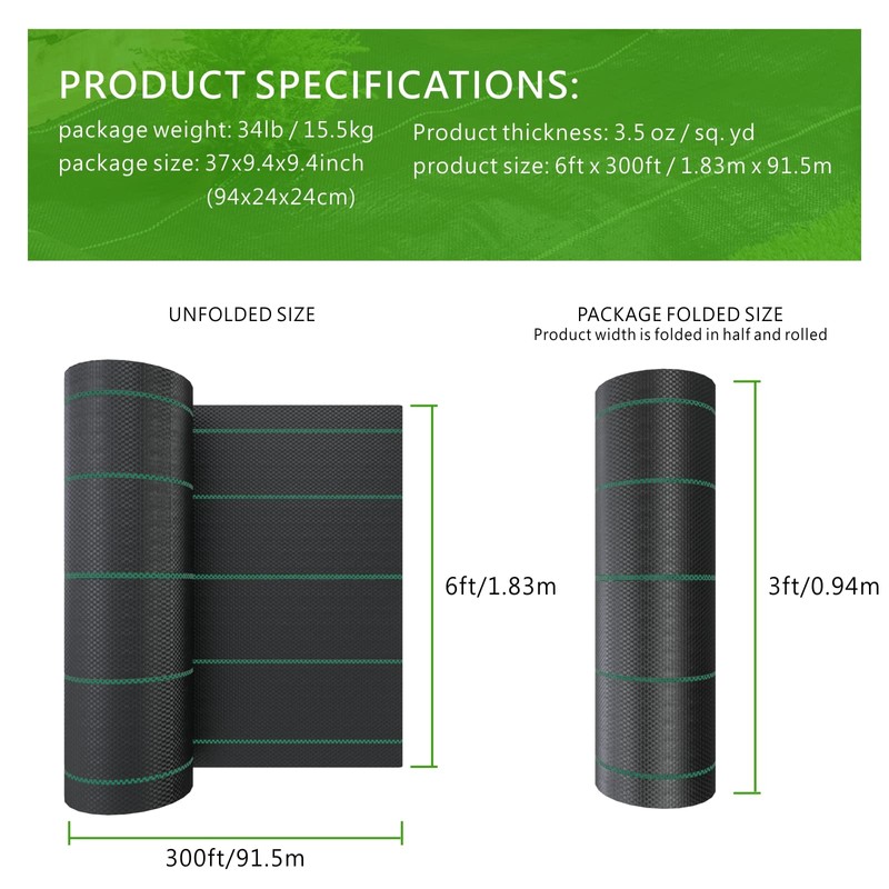 6ft x 300ft Weed Barrier Landscape Fabric, 3.5oz Heavy Duty