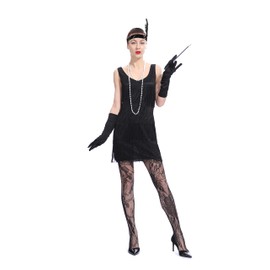 Leadtex Women's 1920s Fringed Flapper Dresses Costume Dress with Feather Headband,Beaded Necklace Black 6-8