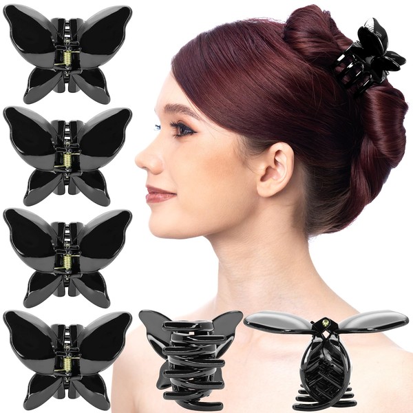 RC ROCHE ORNAMENT 6 Pcs Womens Butterfly Claw Jaw Strong Hold Grip No Slip Plastic Chic Styling Beauty Fashion Premium Professional Accessories Girls Ladies, Medium Black