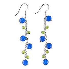 Franki Baker Pretty Sterling Silver Green Peridot Blue Chalcedony Gemstone Long Dangle Earrings. 7cm