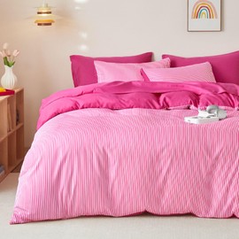 Wake In Cloud - Striped Comforter Set, Ticking Stripe Vertical Pinstripe Neutral Farmhouse Pattern Printed, Soft Lightweight Bedding, 3 Pieces, Hot Pink White, Full Size