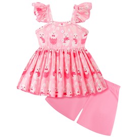 Girls Easter Outfits Cute Cartoon Flutter Sleeve Bunny Summer Tank Top+Pink Shorts 2 Piece Rabbit Clothes for Girls Holiday Short Sets Size 5t/6831