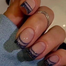 24Pcs French Tip Press On Nails Short Square Fake Nails Nude Pink False Nails Wiith Blue Tip Glitter Designs Acrylic Nails Press Ons Artificial Glue On Nails Stick On Nails For Women