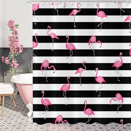 GCIREC Flamingo Shower Curtain, Black White Stripe with Hot Pink Flamingos Bathroom Curtain Waterproof Fabric Machine Washable with 12 Hooks