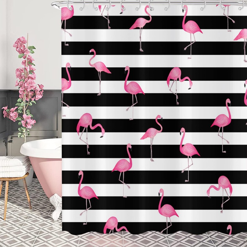 GCIREC Flamingo Shower Curtain, Black White Stripe with Hot Pink