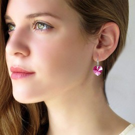 Austrian Crystal Heart Dangle Hook Earrings for Women Drop Earrings 14K Gold Plated Hypoallergenic Jewelry (Fuchsia