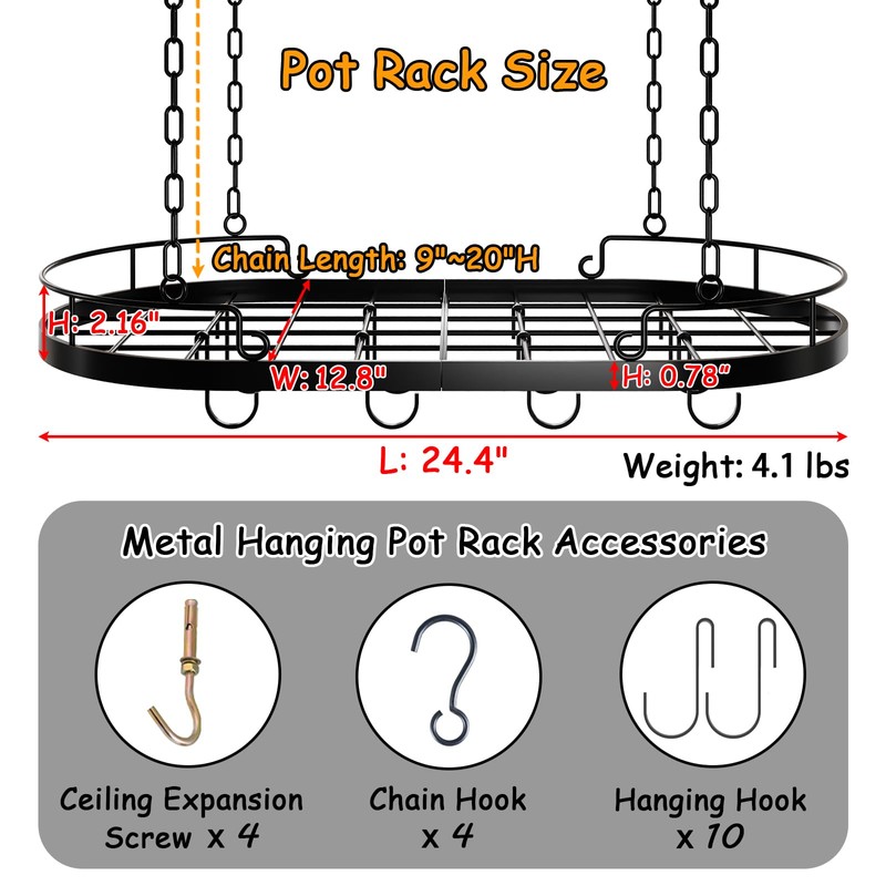 24.4” Metal Pot Rack Hanging, Oval Pan Rack Hanging with