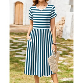 Zeagoo Womens Summer Dress Hawaiian Dresses for Women Short Sleeves Sundress Loose Shift Dress with Pockets Aline Flowy Dress Stripe Dress Petite Dresses