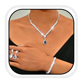 Reaky Bridal Jewelry Sets Silver Rhinestone Necklaces 3 Pcs Crystal Necklace Jewelry Set Bride Wedding Accessories for Women (Blue)