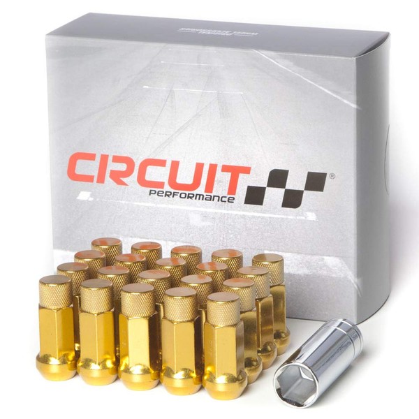 Circuit Performance Forged Steel Extended Hex Lug Nut for Aftermarket Wheels: 12x1.25 Gold - 20 Piece Set + Tool