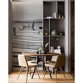 Misty Lake View Boat on Pier Black and White Mural Wall Decal Sticker #6143. 108in W X 48in H.