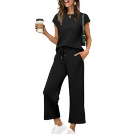 SAMPEEL 2 Piece Sets for Women Summer Business Casual Outfits Date Lounge Sets Matching Set Women Clothing Cap Sleeve Tops Trendy Black S