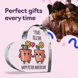 9th Anniversary Plaque Gifts for Wife Husband - Happy Pottery Anniversary - I Love You Romantic Acrylic Heart Gift For Women Men, 100mm x 100mm Present For Couples Ninth Wedding Anniversaries