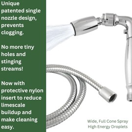 High Sierra® Solid Metal Handheld Shower Head, Lead-Free, Trickle Valve, 72” Stainless Steel Hose With Silicone Inner Tube. Holder Not Included. Ultra Low Flow 1.5GPM. Polished Chrome Finish