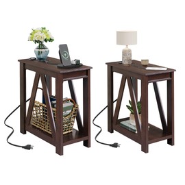 WLIVE Narrow End Table Set of 2 with Charging Station, Sofa Side Tables Living Room with Open Storage Shelf, Slim Farmhouse End Table Sets, Espresso