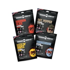 SAVAGE Bacon Jerky Variety - Sizzlin Maple, Bourbon Glaze, Smokehouse, Sgt. Pepper (Pack of 4) - Gluten Free, High Protein, Low Calorie