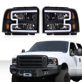 CROSSDESIGN LED DRL BAR Headlight Assembly Compatible with Ford F250 F350 F450 F550 Super Duty 05-07 /Fit Ford Excursion 05 HeadLamps LH & RH Clear lens Black Housing Amber Reflector