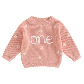 Geagodelia Toddler Baby Girl 1st Birthday Sweater Long Sleeve Knitted Sweatshirt Pullovers Floral Letter Embroidery Knit Jumpers Tops Chunky Knitwear Winter Warm Clothes Outfits (Pink, 12-18 Months)