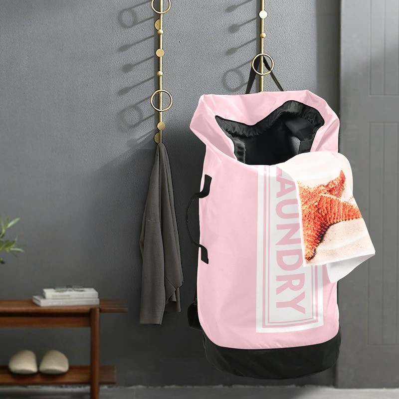 Pink Laundry Backpack Large Heavy Duty Laundry Bag with Adjustable