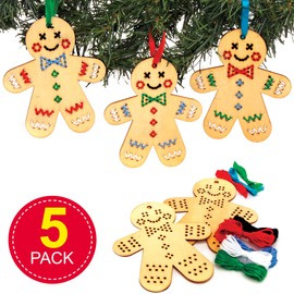 Baker Ross AT187 Gingerbread Wooden Decoration Kits, Cross Stitch for Beginners and for Kids Arts and Crafts Projects (Pack of 5), Assorted