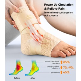 WHCOOL Flat Knitting Ankle Brace For Women&Men, 7-Zone Dynamic Compression Sleeve w/Flex Strap,Foot Support For Sports, Sprained Ankle, Achilles Tendonitis, Plantar Fasciitis Relief(Pack of1) S,Nude