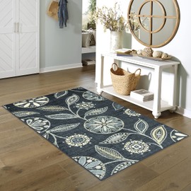 Maples Rugs Reggie Floral Area Rug - Made in USA - Washable, Non Slip Mats for Living Room, Bedroom, and Office, 3'4" x 6', Persian Blue