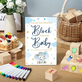 Tenceur 104 Pcs Baby Shower Game Sign Set Baby Shower Blocks to Decorate 54 DIY Blank Wooden Block 48 Watercolor Markers with Acrylic Box Set for Games Gender Reveals Party Supplies(Elephant)
