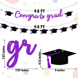 15PCS Graduation Banner, Purple Glitter Congrats Grad Banner, Graduations Garland for Graduation Party Decorations 2025 Class of 2025 High School College Party Supplies Decor,