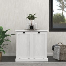 GLCHQ Two-Compartment Tilt-Out Laundry Sorter Cabinet,Bathroom Storage Organize Cabinet with 2 Removable Hamper Clothes Basket (White)