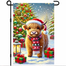 BlissYard Christmas Garden Flag 12x18 Inch Highland Cow Tree Flag Double Sided Cute Animal Holiday Banner Winter Farm Scene Outdoor Decoration for Lawn Porch
