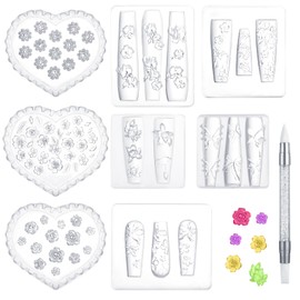 Marspark 9 Pcs Silicone Nail Art Tools 5 Flower Silicone Nail Molds 1 Art Sculpture Pen Dual Tipped 3 Heart Shaped Mold for Women Design Fingernails Tool Decor Accessories