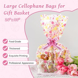 SUREHOME Cellophane Bags for Gift Baskets 10 Pack 24 x 30 Inch Large Clear Gift Bags for Easter Baskets Wrap Plastic Bunny Cello Bag with Pull Bow Ribbon