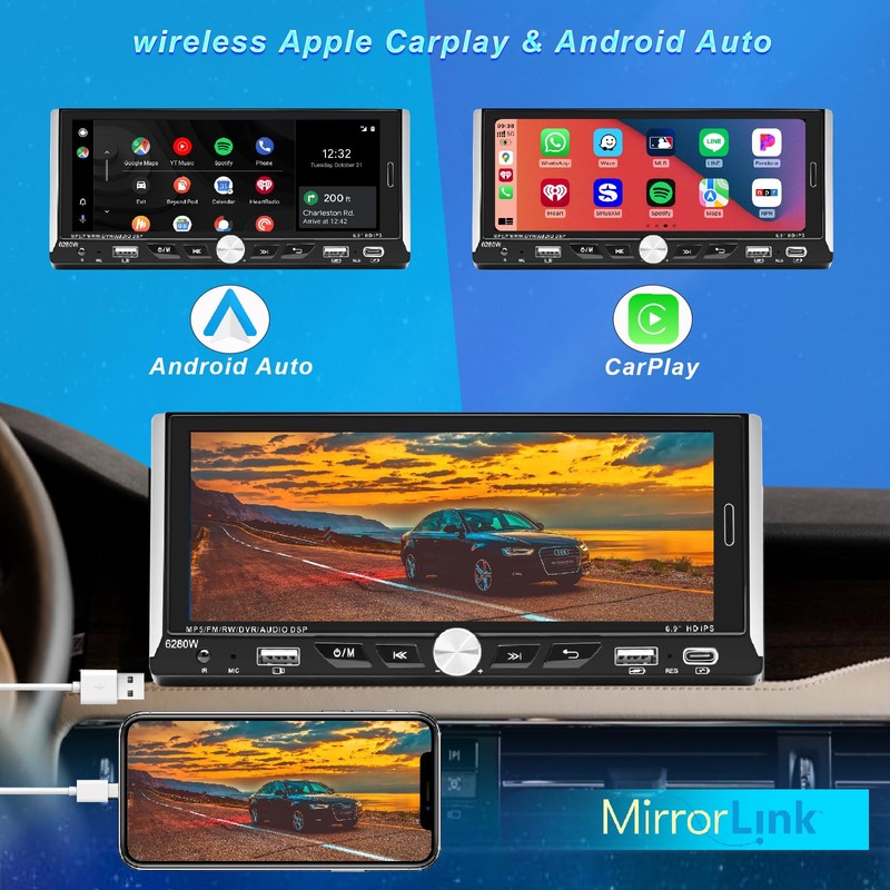 Single Din Car Radio Compatible with Wireless Apple CarPlay, Car