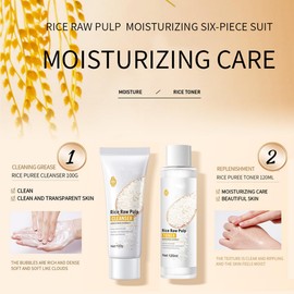 Skincare Set, 6pcs Rice Raw Pulp Korean Skin Care Sets & Kits for Women Teenage Girls Gifts with Cleanser Toner Eye Cream Essence Emulsion Face Cream Gift Set for Hydrating Skin