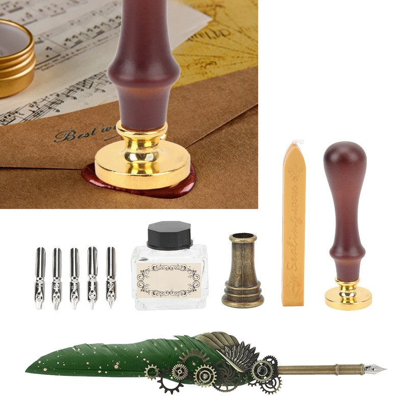 Retro Feather Pen Set Vintage Map Pattern Quill Pen Set