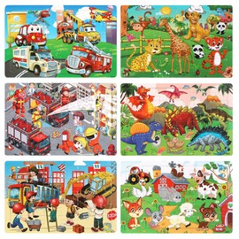 Wooden Puzzle Children's 6 Pieces, Children's Puzzle 30 Pieces, Puzzle Car Animal Dinosaur, Brain Training Toy for Children from 3 Years, Gift Children's Toy for Girls Boys