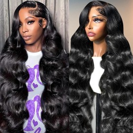 Walsdi 28 Inch 13x4 Lace Front Wigs Human Hair Body Wave HD Transparent Human Hair Wigs for Women 180 Density Body Wave Lace Front Human Hair Wigs Pre Plcked Wigs with Baby Hair Natural Black