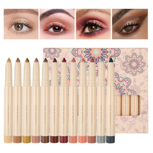 Joyeee 12 Colours Eyeshadow Pen Set, Pearlescent Eyeshadow Stick, Shiny Eyeshadow Pencil with Creamy Texture for Easy Application, Glitter Shimmer Eyeshadow Pen for Women and Girls, B